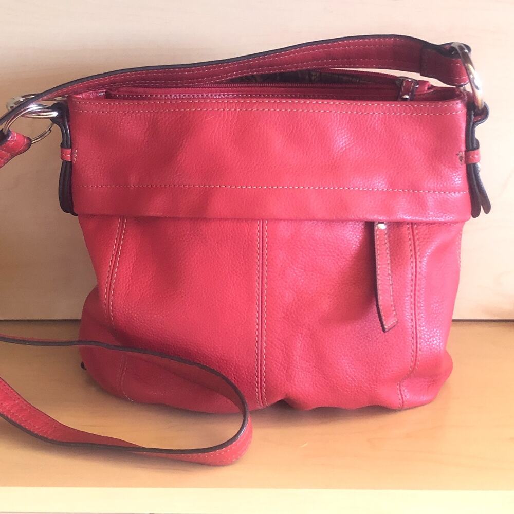 Tignanello Red Leather Messenger Crossbody Purse 10x12" Multiple Compartments